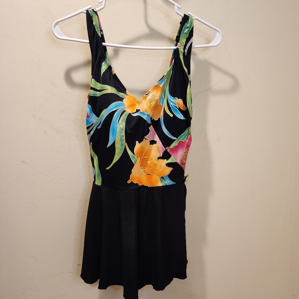 LONGITUDE Vintage Floral Black Swimsuit Dress Size 10